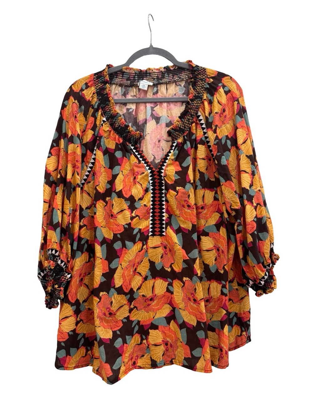 Sundance Black Blouse with Orange Floral Print and Green Leaves - Picture 6 of 9